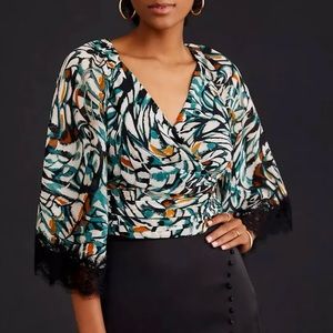 Anthropologie Blouse Flutter Sleeve Wrap Lace Trim Cropped Kimono Top Size XXS